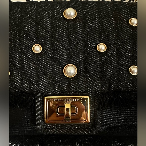 NWT Elegant Karl Lagerfeld Paris Agyness Black Denim Pearl-Embellished Bag - Picture 4 of 13